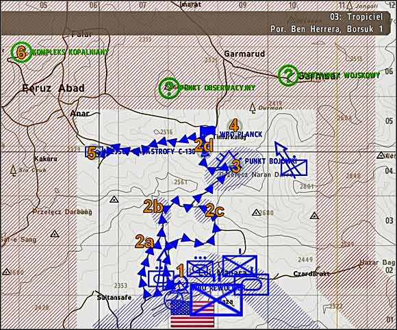 Note: this map was prepared when this mission was almost finished and the route to Timurkalay was cleared of the enemy forces, thus blue color which is dominating on this picture may suggest that the journey will be idyllic, but it won't be - Mission 3 - Pathfinder - p. 1 - Operation Arrowhead - ArmA II: Operation Arrowhead - Game Guide and Walkthrough