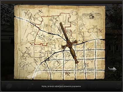 The dagger needs to be placed in such a way that the sun on its hilt matches the ornament on the map, where the key had been laying just a moment ago (drag it to the spot suing left mouse button) - Paris, France, April 23, 2008 - Montmartre Cemetery - part 2 - April 23, 2008 - Art of Murder: Hunt For The Puppeteer - Game Guide and Walkthrough