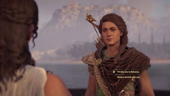You now have to make a choice - you can order the woman to go back to Korinth or you can take her to Mykonos - AC Odyssey: Land of the Lawless - Main Storyline - Assassins Creed Odyssey Guide
