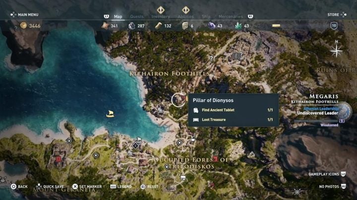 Solution: Pillar of Dionysos is north from the cave - AC Odyssey: Megaris, Side Quests - Side Quests - Assassins Creed Odyssey Guide