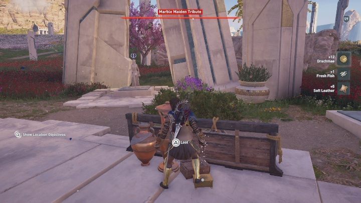 The fifth tribute can be found between the hills, west from Sacred Sanctuary and north from Aconite Flower Bed - AC Odyssey Fate of Atlantis: Pheraias Retreat, Marble Maiden Tribute - Marble Maiden Tribute - Assassins Creed Odyssey Guide