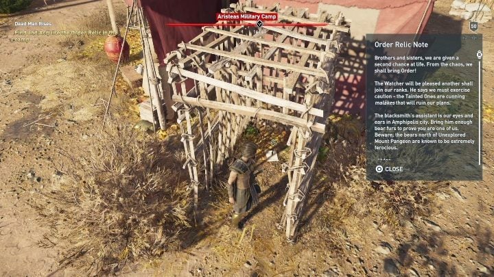 At the beginning of your mission, you must get the Order Relic from the enemy camp - AC Odyssey Legacy of the first blade DLC: Order of Hunters - Order of the Ancients - Assassins Creed Odyssey Guide