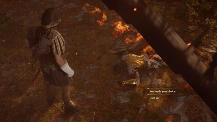 When you defeat him, a cutscene awaits you and Deimos will be crushed by a tree - AC Odyssey: Important choices in Chapter 7 - Important choices - Assassins Creed Odyssey Guide