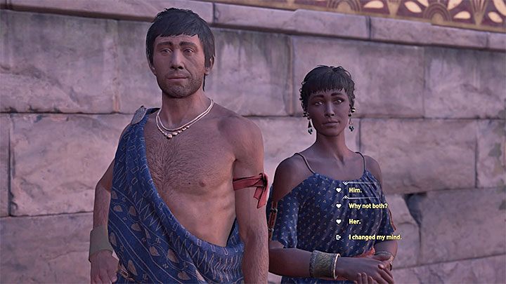 During a meeting with Mikkos, you can choose from a variety of dialog options marked with heart icons - AC Odyssey: Mikkos - Romance - Romances - Assassins Creed Odyssey Guide