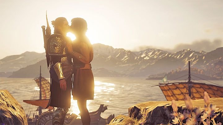 During the last conversation with Mikkos, you can choose a new dialog option with a heart icon - AC Odyssey: Mikkos - Romance - Romances - Assassins Creed Odyssey Guide