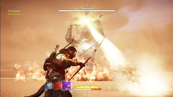 The goddess has several attacks: traps, deploying warriors, and fire - Trials of the Gods Guide - Trial of Anubis, Trial of Sobek and Trial of Sekhmet - Walkthrough - Assassins Creed Origins Guide