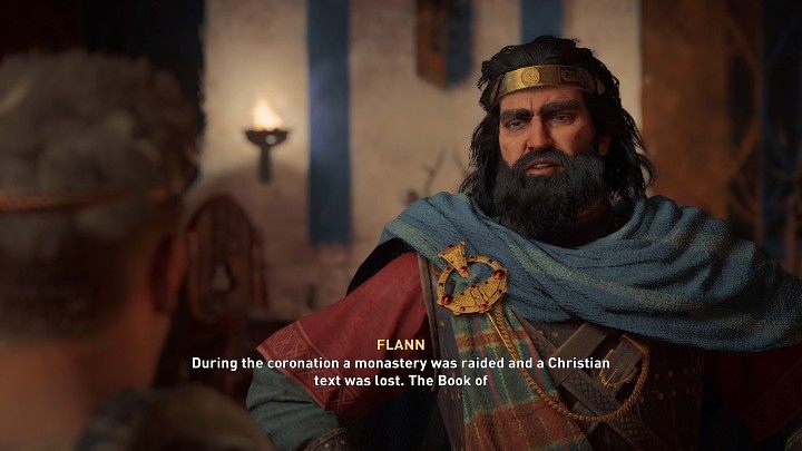 During the conversation with Flann, you will learn that someone raided the monastery during the coronation ceremony and a very valuable book (The Book of Kells) was stolen - AC Valhalla Wrath of the Druids: A Show of Character - Walkthrough - Assassins Creed Valhalla Guide and Walkthrough