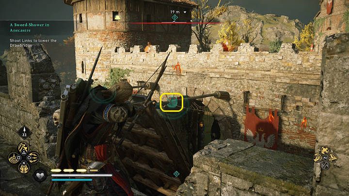 The chain's links holding the bridge need to be shot at diagonally - Assassins Creed Valhalla: A Sword-Shower in Anecastre - Lincolnscire - Assassins Creed Valhalla Guide and Walkthrough