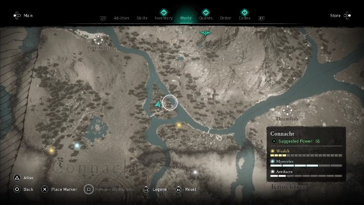 The treasure is on a small island just below the sync point - AC Valhalla Wrath of the Druids: Treasure Hoard Map - Connacht secrets - Connacht - Assassins Creed Valhalla Guide and Walkthrough