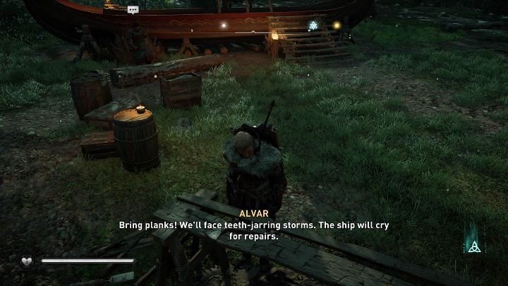 Put a little bit of ore in the barrel, prepare the woodboards on the workbench, gut the fish, and finally blow the horn (select it from the actions menu) - Assassins Creed Valhalla: The Last Raid - Oxenefordscire - Assassins Creed Valhalla Guide and Walkthrough