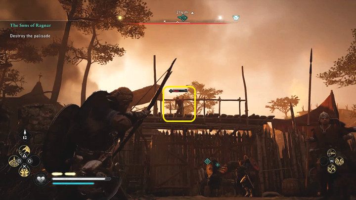 First of all, get rid of the archers standing on top of the palisade so that they don't fire at your hero when you breach the wooden gate - Assassins Creed Valhalla: The Sons of Ragnar - Ledecestrescire - Assassins Creed Valhalla Guide and Walkthrough