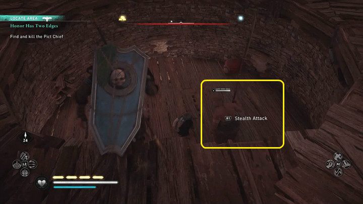 The enemy fights with a large axe and there is not much space in the arena so you have to make use of your shield or perform dodges to avoid getting hurt - Assassins Creed Valhalla: Honor Has Two Edges - Eurvicscire - Assassins Creed Valhalla Guide and Walkthrough