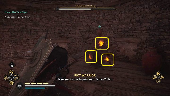 The opponent has three weak points: left biceps, right knee, and left knee - Assassins Creed Valhalla: Honor Has Two Edges - Eurvicscire - Assassins Creed Valhalla Guide and Walkthrough