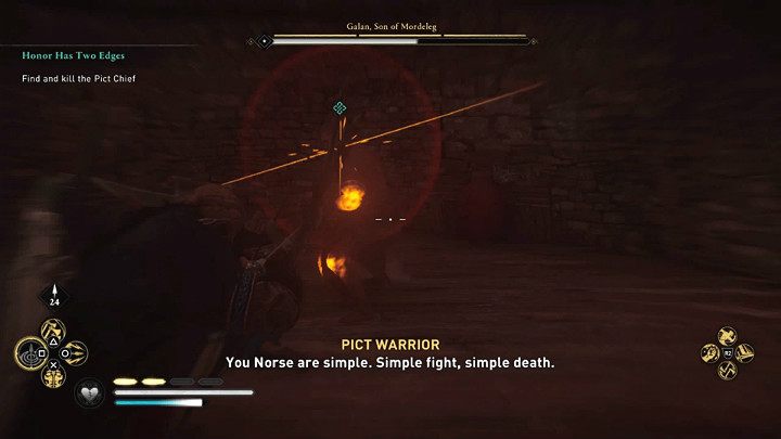 If you want to fight in the traditional way remember to avoid or block enemy attacks, which are indicated by a yellow rune flash Fortunately, the leader of the Picts is not that durable, so a few quick counter-attacks should be enough to defeat him - Assassins Creed Valhalla: Honor Has Two Edges - Eurvicscire - Assassins Creed Valhalla Guide and Walkthrough