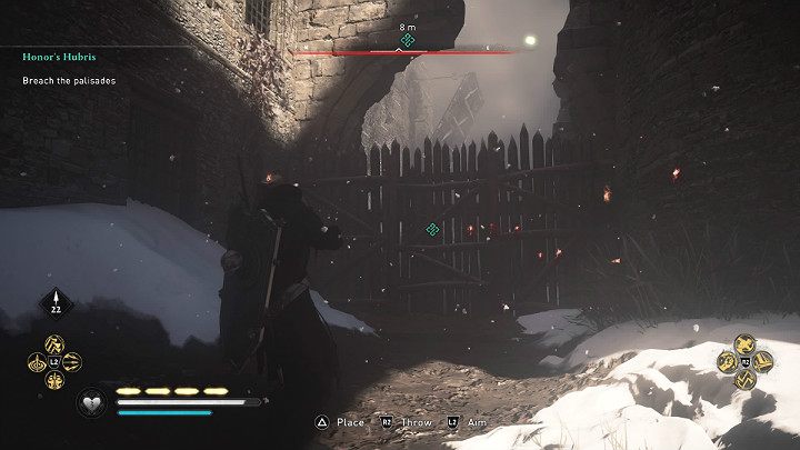 Grab the oil jug that stands at the wall on the left and throw it at the palisade to open the passage for your troops - Assassins Creed Valhalla: Honors Hubris - Eurvicscire - Assassins Creed Valhalla Guide and Walkthrough