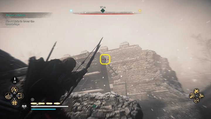 Shoot the two weak points of the bridge to get access to it - Assassins Creed Valhalla: Honors Hubris - Eurvicscire - Assassins Creed Valhalla Guide and Walkthrough