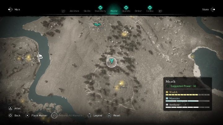 The treasure is in the northern part of the map, near the sync point - AC Valhalla Wrath of the Druids: Treasure Hoard Map - Meath secrets, locations - Meath - Assassins Creed Valhalla Guide and Walkthrough
