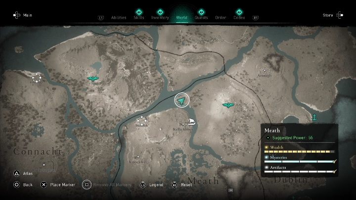 The treasure is in the northern part of the map, east of the sync point - AC Valhalla Wrath of the Druids: Treasure Hoard Map - Meath secrets, locations - Meath - Assassins Creed Valhalla Guide and Walkthrough