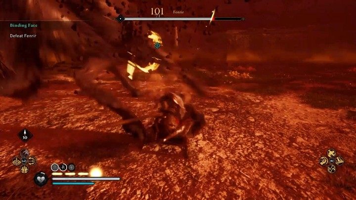 If you want to use melee weapons, wait until Fenrir has completely dug himself out of the ground, as he is invulnerable to blows during the animation, then position yourself behind his hind paws and get some quick attacks in - Assassins Creed Valhalla: Binding Fate - Asgard - Assassins Creed Valhalla Guide and Walkthrough