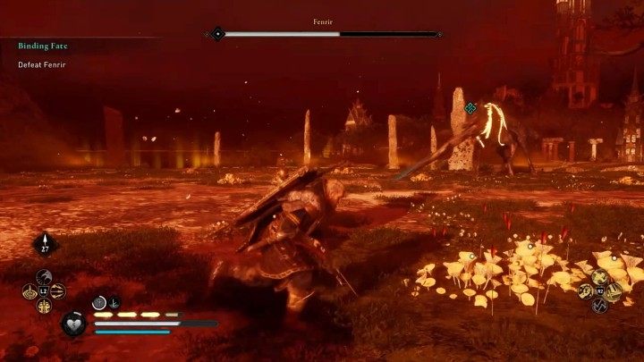In the second phase of the duel, Fenrir will grab a massive tree trunk in his mouth and perform sweeping attacks - Assassins Creed Valhalla: Binding Fate - Asgard - Assassins Creed Valhalla Guide and Walkthrough