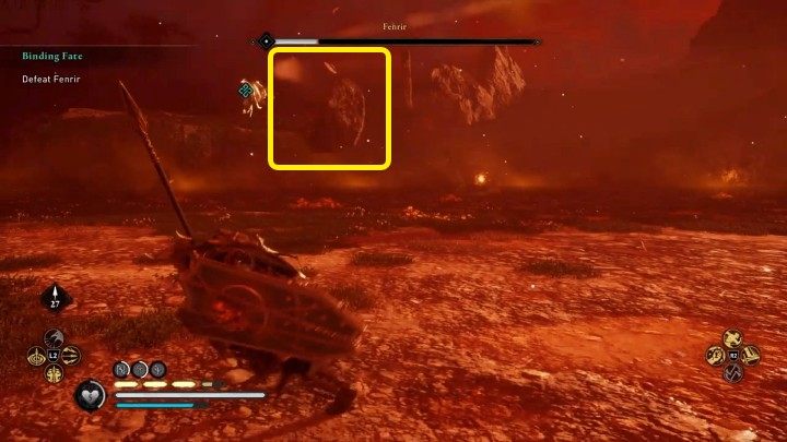During the third phase of the duel, Fenrir will jump onto a nearby cliff and start hurling boulders in your direction - Assassins Creed Valhalla: Binding Fate - Asgard - Assassins Creed Valhalla Guide and Walkthrough