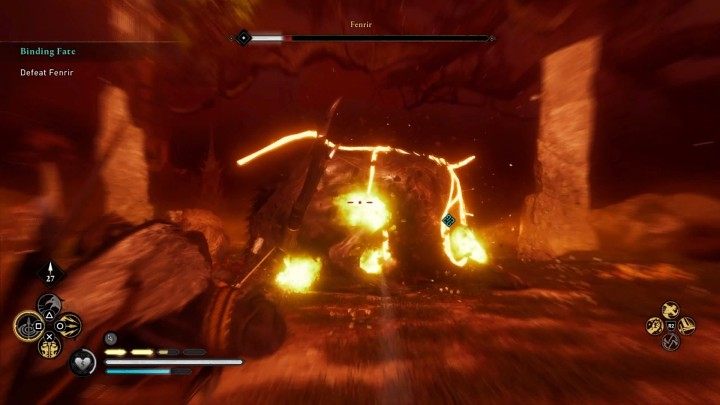 Keep your opponent at a distance and target his weak spots, or hold your position behind his hind legs and attack with a melee weapon, and over time you'll be able to reduce Fenrir's health points to zero - Assassins Creed Valhalla: Binding Fate - Asgard - Assassins Creed Valhalla Guide and Walkthrough