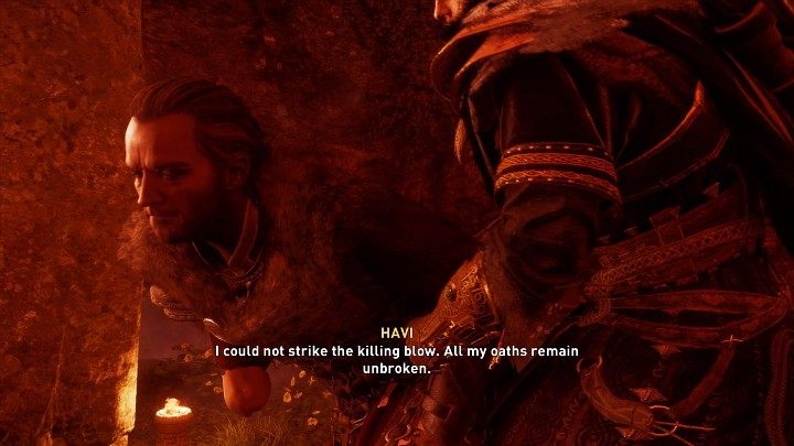 After the battle with Fenrir, approach Tyr and inform him that you kept your oath and did not deal the final blow to the dreaded Fenrir - Assassins Creed Valhalla: Cheating Fate - Asgard - Assassins Creed Valhalla Guide and Walkthrough