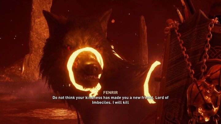 Fenrir, though defeated and bound by the unbreakable Gleipnir, loses none of his confidence and threatens all the gods of Asgard and members of the Isu with death - Assassins Creed Valhalla: Cheating Fate - Asgard - Assassins Creed Valhalla Guide and Walkthrough