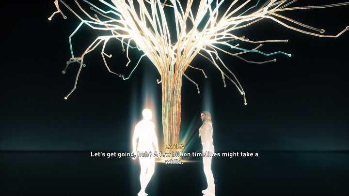 Layla takes Basim's place in the simulation, where she meets the luminous character of The Reader, who has dedicated himself to exploring all possible futures that will allow him to stop the end of the world - Assassins Creed Valhalla: Modern Day Ending - Endings - Assassins Creed Valhalla Guide and Walkthrough