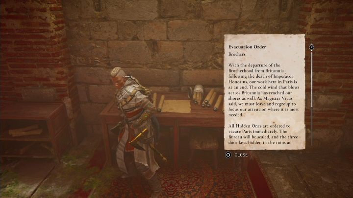 The secret is on the table, among the many documents - AC Valhalla Siege of Paris: Roman excavations, Melunois - Secrets - Melunois - Assassins Creed Valhalla Guide and Walkthrough