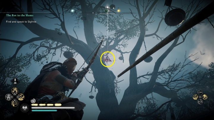 Location of the totem: the totem is hanging on the tree, just shoot it down with your bow - AC Valhalla Siege of Paris: Cursed Symbol, Evresin - secrets, locations - Evresin - Assassins Creed Valhalla Guide and Walkthrough