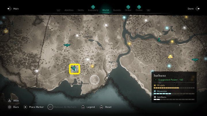 At the location marked in the image above, you will come across a store in a treehouse - Assassins Creed Valhalla: Tiny Black Market - Southsexe - Assassins Creed Valhalla Guide and Walkthrough