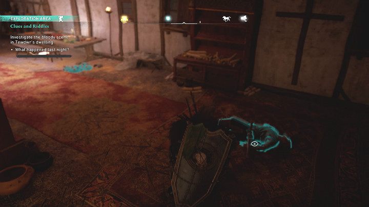 After a night out, Eivor wakes up in Tevdwer's hut and notices that a dead guard is lying on the floor - Assassins Creed Valhalla: Clues and Riddles - Glowecestrescire - Assassins Creed Valhalla Guide and Walkthrough