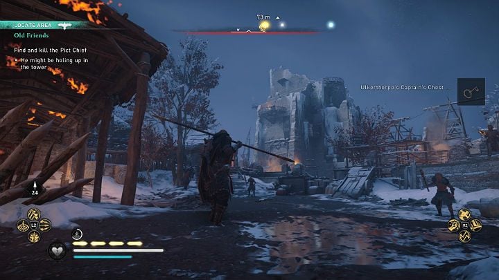 If you proceed through the courtyard and then climb the stairs to the top of the tower, you will attract the guards' attention; hence, the easiest way up is on the structure's external wall - Assassins Creed Valhalla: Old Friends - Snotinghamscire - Assassins Creed Valhalla Guide and Walkthrough