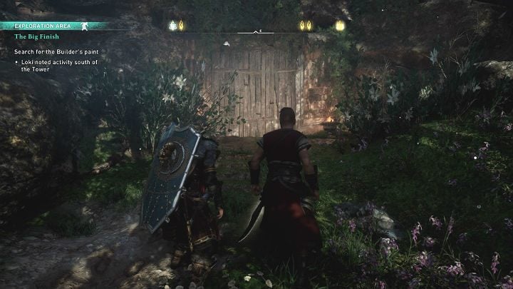 You will reach a cave entrance covered by a makeshift, wooden door - Assassins Creed Valhalla: The Big Finish - Asgard - Assassins Creed Valhalla Guide and Walkthrough