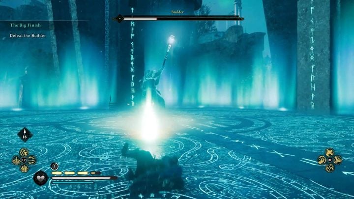 The Builder's second special attack is a frost energy beam that he can send across the arena floor - Assassins Creed Valhalla: The Big Finish - Asgard - Assassins Creed Valhalla Guide and Walkthrough