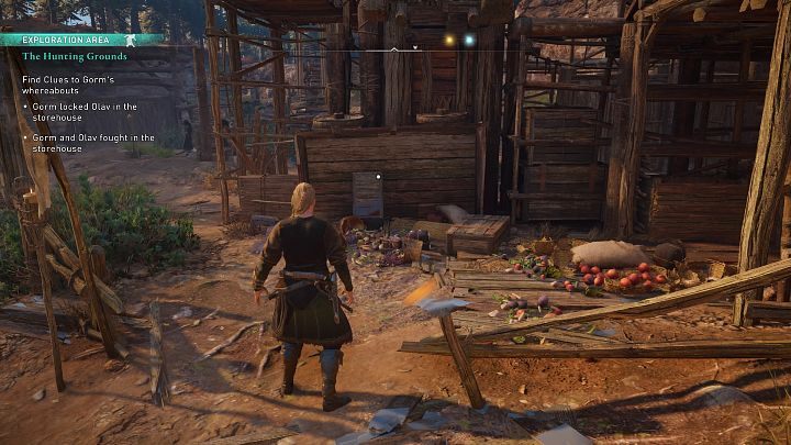 Check out the wrecked cart, then enter the covered warehouse and examine the scrolls - Assassins Creed Valhalla: The Hunting Grounds - Vinland - Assassins Creed Valhalla Guide and Walkthrough