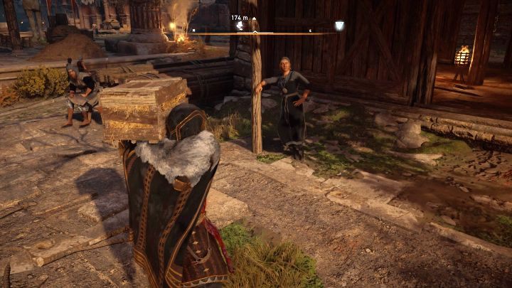 In the picture, you can see the woman who will pick up the Crate of Bowls - Assassins Creed Valhalla: Pending Deliveries - Ravensthorpe - Assassins Creed Valhalla Guide and Walkthrough