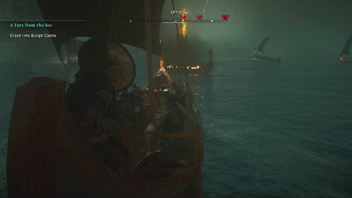 As soon as Eivor's troops start sailing towards the castle, their position will be discovered and the archers stationed on the walls will begin to shower the attackers with a hail of arrows - Assassins Creed Valhalla: A Fury from the Sea - East Anglia - Assassins Creed Valhalla Guide and Walkthrough