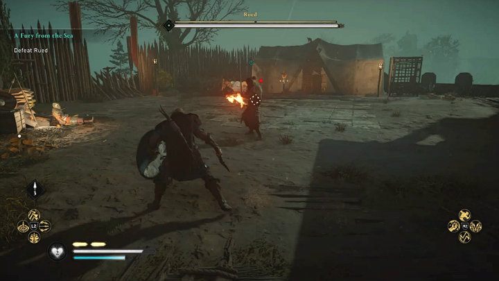 Rued also has one ranged attack and will try to hit you with a flaming weapon - Assassins Creed Valhalla: A Fury from the Sea - East Anglia - Assassins Creed Valhalla Guide and Walkthrough