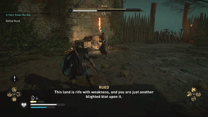 During the battle, Rued will additionally set his two-handed sword on fire to inflict increased damage - Assassins Creed Valhalla: A Fury from the Sea - East Anglia - Assassins Creed Valhalla Guide and Walkthrough