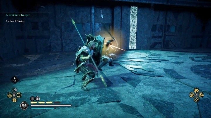Most of Basim's attacks are indicated by a yellow rune flash - they can be avoided or parried - Assassins Creed Valhalla: A Brothers Keeper - Hordafylke - Assassins Creed Valhalla Guide and Walkthrough