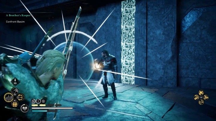 Continue fighting until the platform starts going down - at this point Basim will be able to block projectiles with his weapon (showcased in the above image), so it's a good idea to switch to melee combat - Assassins Creed Valhalla: A Brothers Keeper - Hordafylke - Assassins Creed Valhalla Guide and Walkthrough