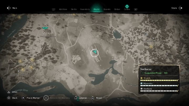 The treasure can be found in the northeastern part of the location - Assassins Creed Valhalla: Treasure Hoard Map - Suthsexe secrets, locations - Suthsexe - Assassins Creed Valhalla Guide and Walkthrough
