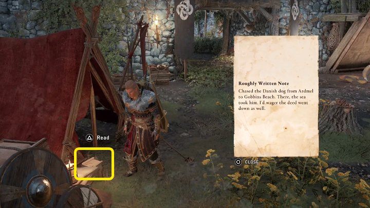 Once you have cleared the trade post, read the note lying next to the red tent in the location marked in the image above - AC Valhalla Wrath of the Druids: Sweetening the Pot - Side quests - Assassins Creed Valhalla Guide and Walkthrough