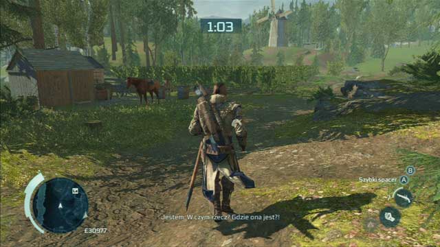 Dont get too far from him, as right behind the bridge you will have to turn left and inform the womans husband - Dave the Blacksmith | Homestead | Assassins Creed III Remastered - Homestead - Assassins Creed III Game Guide & Walkthrough
