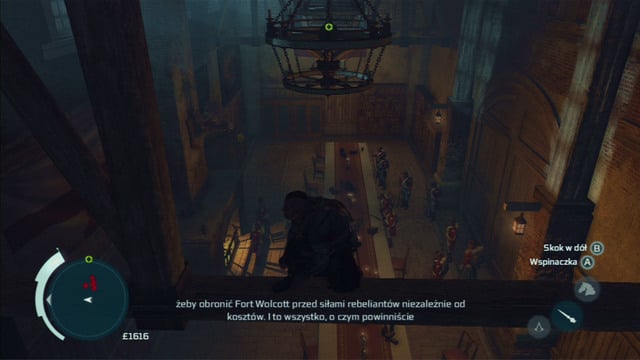 Pass through the room full of soldiers by jumping between the chandeliers - Naval mission - Fort Wolcott | Captain Kidds treasure in AC III Remastered - Captain Kidds treasure - Assassins Creed III Game Guide & Walkthrough