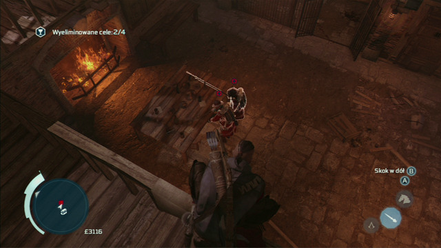 To eliminate the two enemies below, equip the hidden blade, jump onto the balustrade and aim so that both enemies are lit - Naval mission - Fort Wolcott | Captain Kidds treasure in AC III Remastered - Captain Kidds treasure - Assassins Creed III Game Guide & Walkthrough