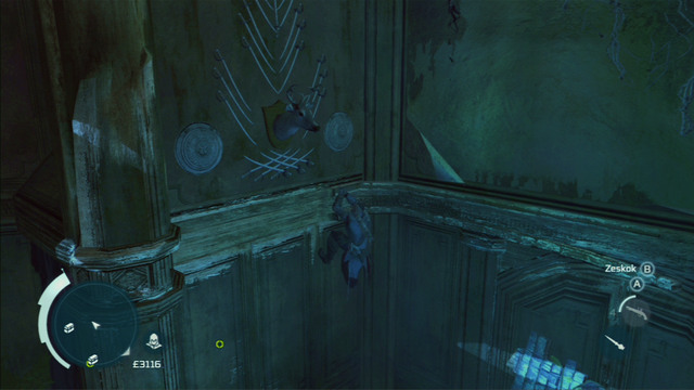 Slowly move in the same direction and jump onto the chandelier to reach the upper floor - Naval mission - The Mad Doctor Castle | Captain Kidds treasure in AC III - Captain Kidds treasure - Assassins Creed III Game Guide & Walkthrough