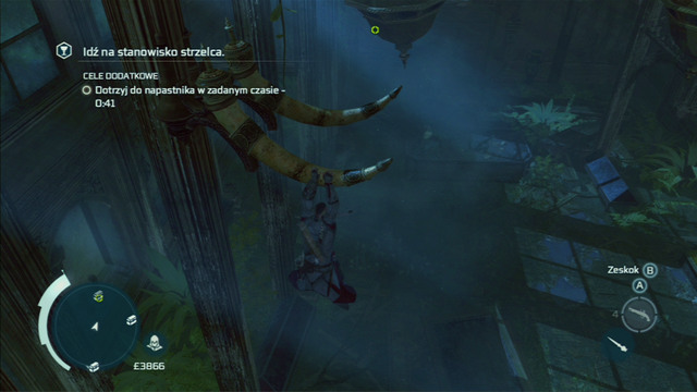 Grab onto the elephant fangs and further onto the big metal object on the right - Naval mission - The Mad Doctor Castle | Captain Kidds treasure in AC III - Captain Kidds treasure - Assassins Creed III Game Guide & Walkthrough